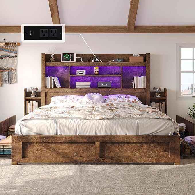 LUXOAK King Bed Frame with Storage, Bookcase Headboard, Rustic Brown | 49.6" Headboard, Wood Platform Bed, Charging Station, Bedside Storage, 4 Storage Drawers, No Box Spring Needed, Farmhouse