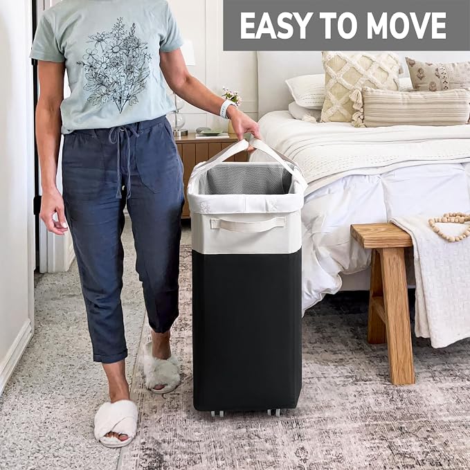 Goodpick 2-Pack Rolling Laundry Basket with Wash Bag, Hamper for Dorm, 75L | Laundry Hamper with Wheels & Handles for Dirty Clothes, Clothes Hamper, Dorm Room Essentials, Black & White