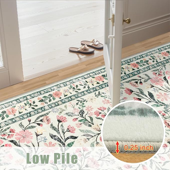 PLHXFR Area Rug Living Room: 5x7 Floral Washable Boho Carpet Green Beige | For Bedroom Dining Room Farmhouse Nursery Hallway,Vintage Floral,Machine washable,Non Slip,Stain Resistant,Large Indoor