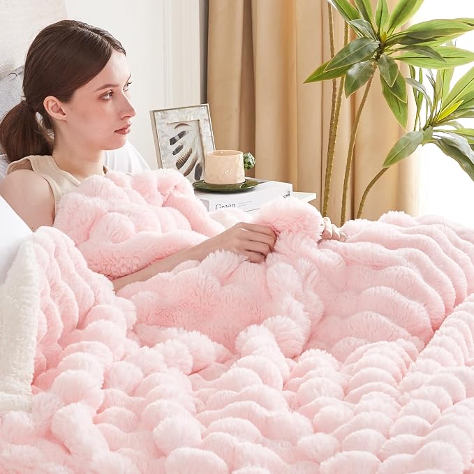 50x60 Inches Ultra-Soft Fuzzy Faux Fur Plush Throw Blanket - Thick, Warm Sherpa for Couch, Sofa, Bedroom, Camping - Decorative Blanket for Cozy Warmth, Bubble Pink