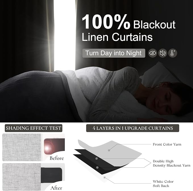 Gray 108 Inch Extra Long Blackout Curtains for Bedroom 2 Panels Set, Boho Room Darkening Pleated Flax Linen Blend Window Curtain 108 Inches Long with Hooks for Patio Sliding Door Decorative Burg