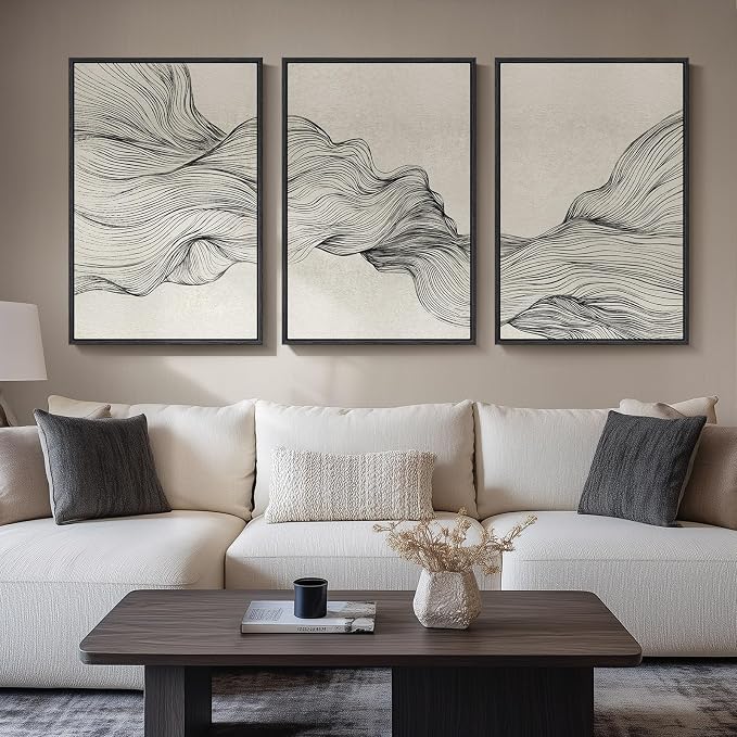 Framed Black and Beige Neutral Abstract Wall Art for Living Room, 3 Piece | Large Modern Canvas Prints Paintings, Minimalist Artwork for Walls, Lines Pictures for Office Hallway Wall Decor 24x36 Inch