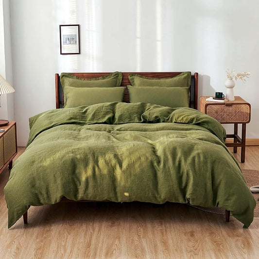 Simple&Opulence 100% Washed Linen Duvet Cover Set 5pcs(1 Duvet Cover& 2 Shams& 2 Pillowcases) Basic Style Natural French Flax Soft Breathable Farmhouse Bedding (King, Olive Green)
