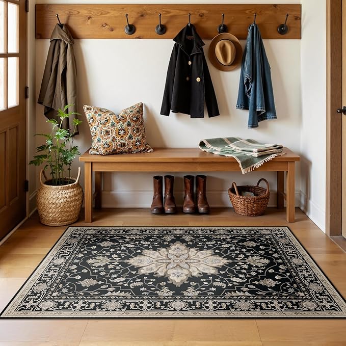RELEANY Washable Area Rug, 3'x5', Black/Neutral | Non-Slip, Water Repellent, Pet Friendly, Easy to Clean, Vintage Floral Boho Decor for Living Room Bedroom Beside Kitchen