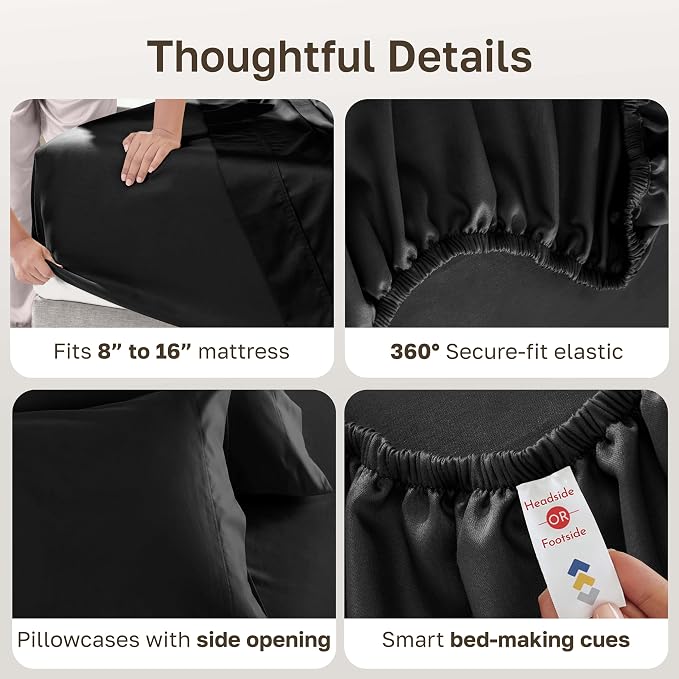 California Design Den 600 Thread Count Deep Pocket Queen Sheets Set, Black | 100% Cotton Sateen Backed by Good Housekeeping Seal, Soft & Smooth, 16" Deep Pocket, All-Around Elastic, Durable, Easy Care