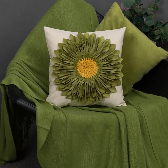 OiseauVoler 3D Sunflower Throw Pillow Cover Decorative Handmade Pillowcase Cushion Cover Case for Home Sofa Bed Living Room Decor 18x18 Inch Green