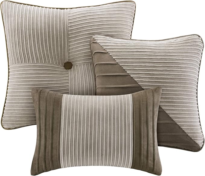 Madison Park Casual Blocks Comforter Set, 7PC Queen Bedding Set | All Season, with Comforter, Shams, Bed Skirt, Decorative Pillows, Lightweight, Taupe Brown
