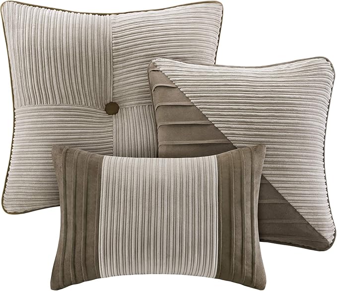 Madison Park Casual Blocks Comforter Set, 7PC Cal King Bedding Set | All Season, with Comforter, Shams, Bed Skirt, Decorative Pillows, Lightweight, Taupe Brown