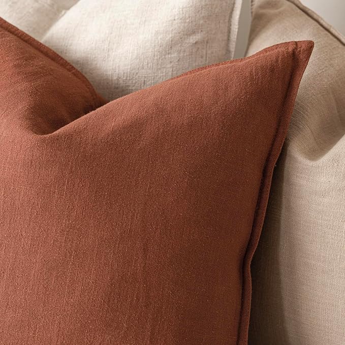 Foindtower Linen Solid Decorative Throw Pillow Cover 20x20 Inch Rust Orange | Pack of 2 Boho Farmhouse Pillowcase,Accent Neutral Cushion Covers,Morden Home Decor for Chair Couch Sofa Bedroom Living Room