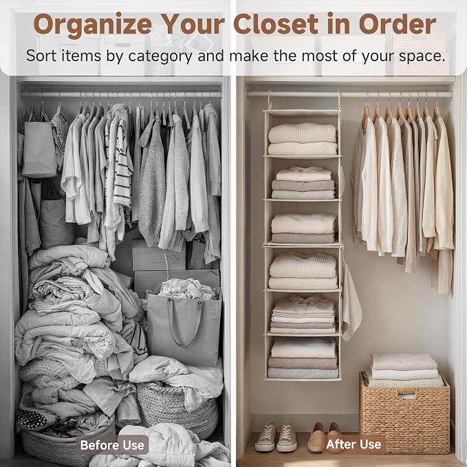 StorageWorks Hanging Closet Organizer, 6-Shelf with 2-in-1 Design, Ivory | Maximize Closet Space with Reinforced Shelves, Small Closet Storage Solution for Bedrooms, Dorms and RVs