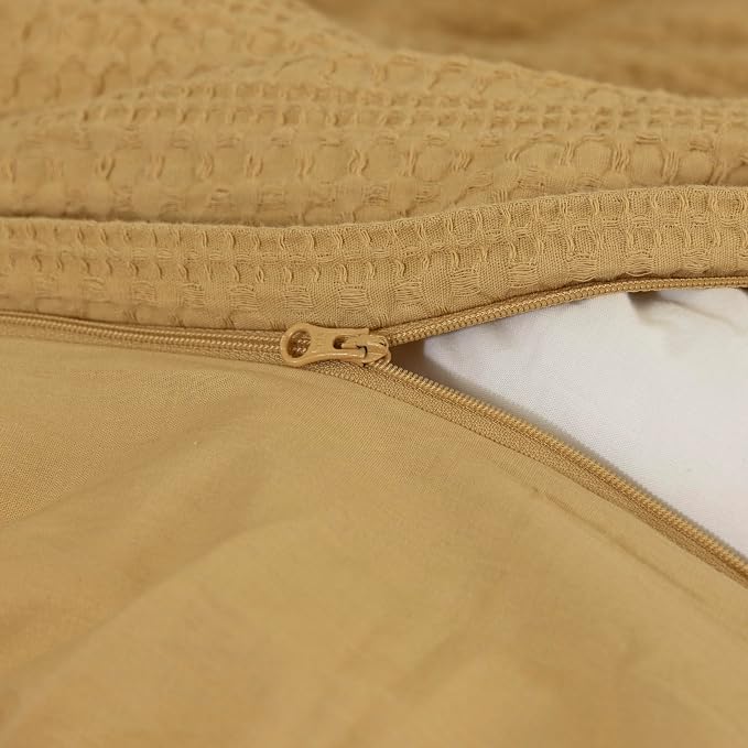 Dreamology Duvet Cover Queen, Waffle Duvet Cover Set,100% Cotton Waffle Weave Duvet Covers with Zipper Closure, Soft Textured & Breathable Bedding Set,Queen Duvet Cover 3 Pieces (Mustard)