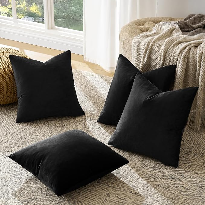 GIGIZAZA Pack of 4 Black Decorative Velvet Pillow Covers 18x18 | Throw Pillows for Couch Sofa,280gsm Soft Textured Fabric,Modern Accent Pillowcases,Luxury Living Room Cushion Covers