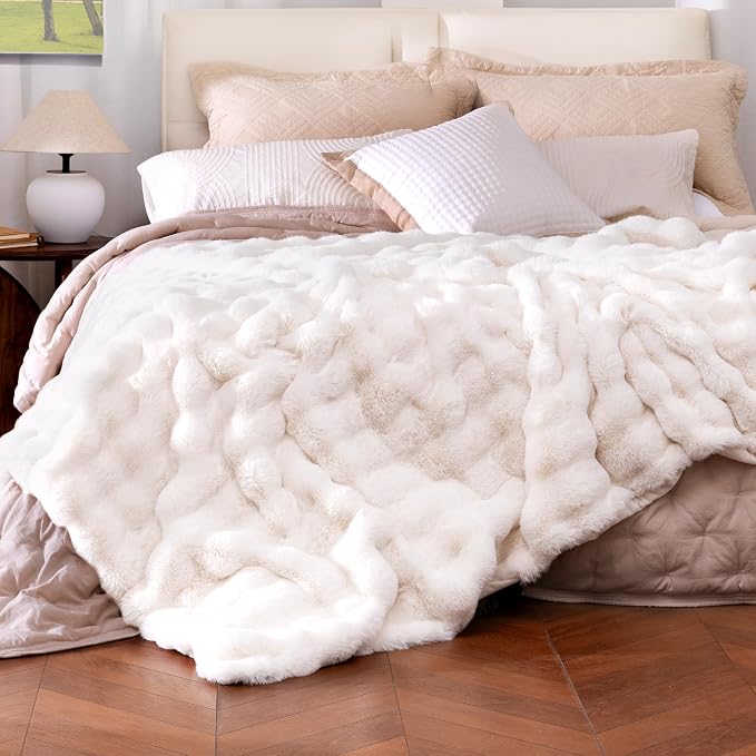 Ultra Soft Cozy Faux Fur Throw Blanket, Fuzzy Plush Thick Bubble Blanket, Oversize Luxury Fluffy Blanket for Couch, Bed, and Living Room, 60x80 Inches, Cream White