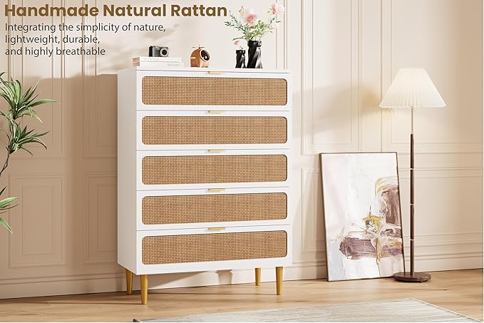 GarveeHome Rattan 5 Drawer Dressers for Bedroom, Deep Drawer, White | Tall Dresser, Wide Top, for Living Room, Hallway, Kids Room, Large Chest of Drawers for Closet, Long Wooden Dresser