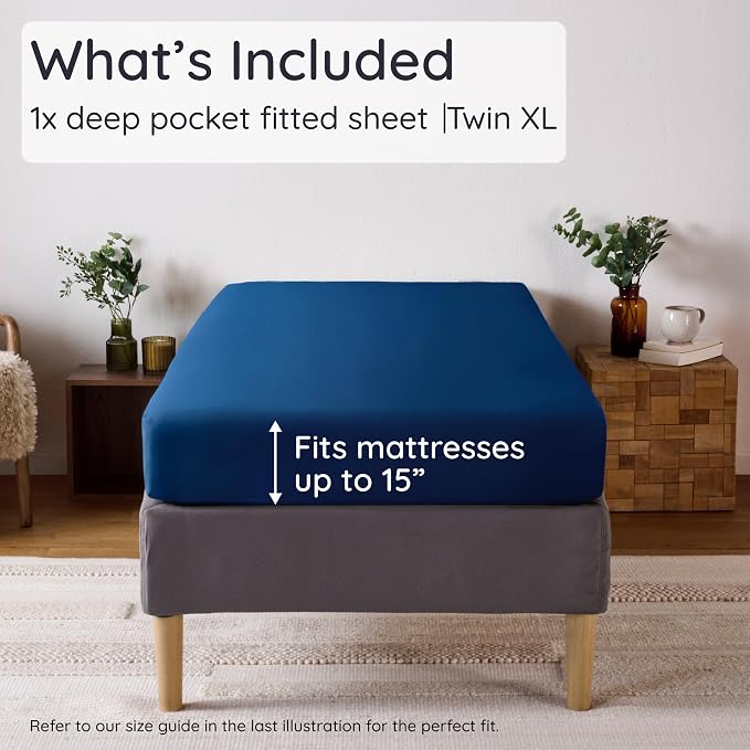 Bambaw 100% Viscose Derived from Bamboo Fitted Sheet Twin XL – Single Fitted Sheet Only, Cooling & Breathable, Silky Soft Feel, Deep Pocket Fits Up to 15" Mattresses, Stays Fresh All Night (Navy Blue)