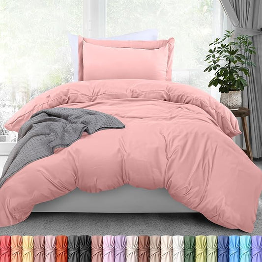 Duvet Cover Twin/Twin XL, 3 PC Cotton Like Polyester, Zipper Closure, Pink | Extra Soft and Breathable, Wrinkle & Fade Resistant, Includes Duvet Cover and 1 Pillow Sham, Comforter Not Included, OekoTex