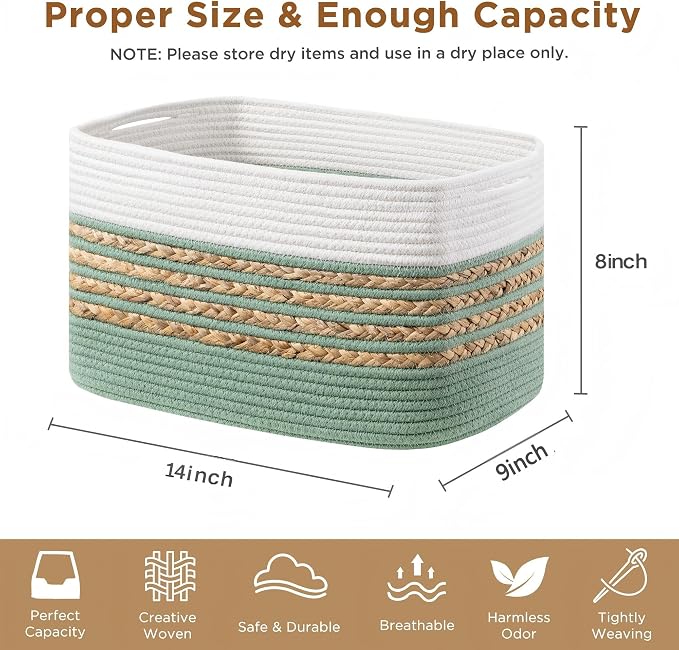 UBBCARE 4 Pack Baskets for Organizing, Woven Storage Baskets for Toys and Towel, Rectangle Cotton Rope Basket with Handles, 14''L x 8''W x9''H, Green