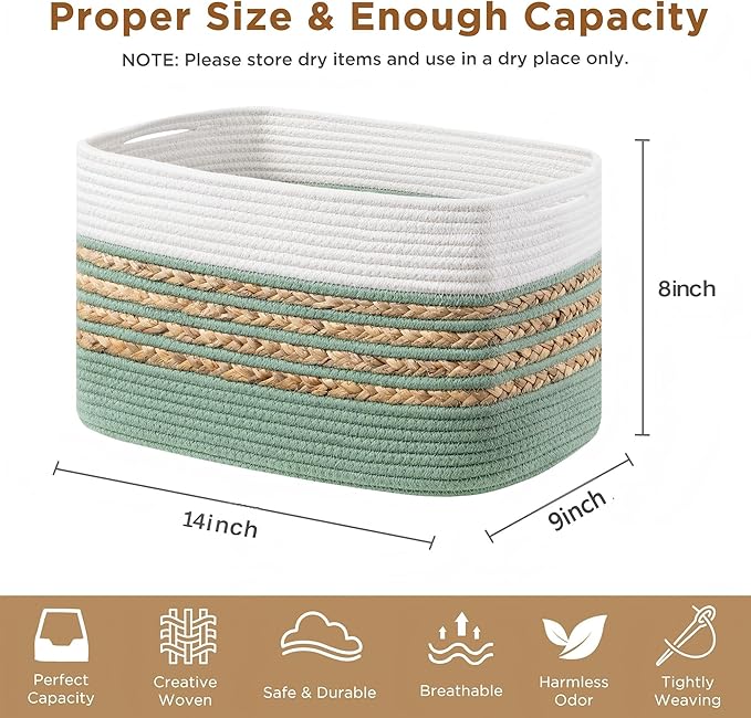 UBBCARE 2 Pack Baskets for Organizing, Woven Storage Baskets for Toys and Towel, Rectangle Cotton Rope Basket with Handles, 14''L x 8''W x9''H, Green