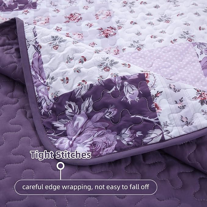 Anibedding Purple Patchwork Quilt Set King, Rose Floral Plaid Bedspread | Lavender Vintage Flower Coverlet, Lighweight Microfiber Farmhouse Quilt Bedding Set 3 Pieces for All Season, 96''x90''
