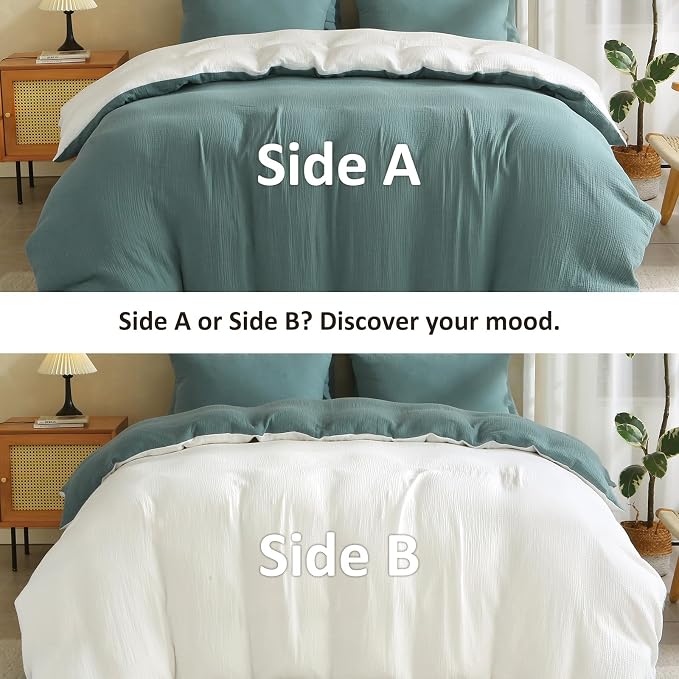 EMME Cotton Muslin Duvet Cover Set Twin Size Linen Like Soft Breathable Lightweight Summer Comforter Cover Set with Zipper Closure (Teal&White, Twin, 68"x90")