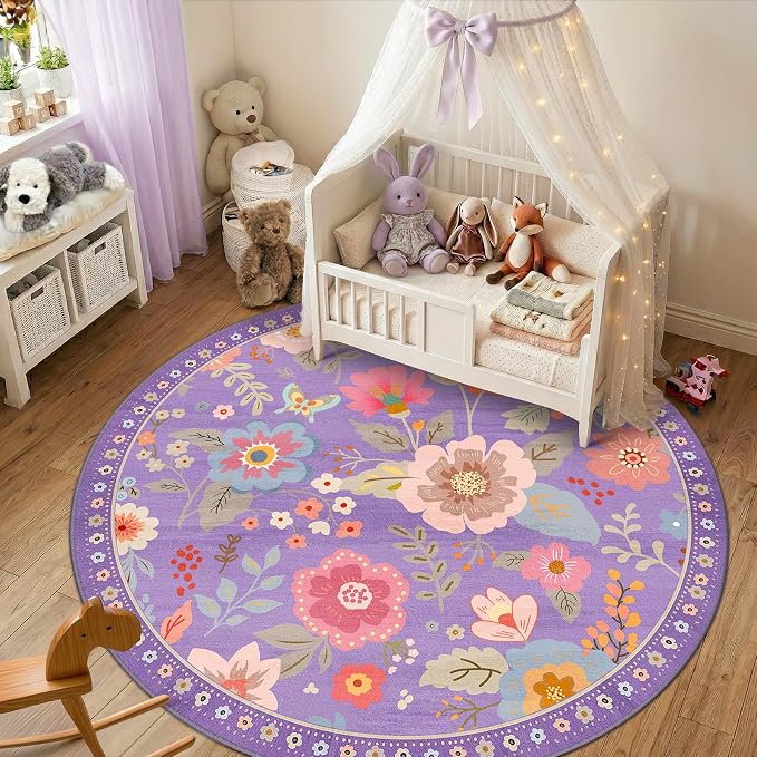 RELEANY Floral Washable Round 8ft Area Rug Purple/Pink | Flower Carpet, Print, Boho, Non-Slip, Easy to Clean, Soft, Low Pile for Living Room Bedroom Kitchen Office Entryway Hallway