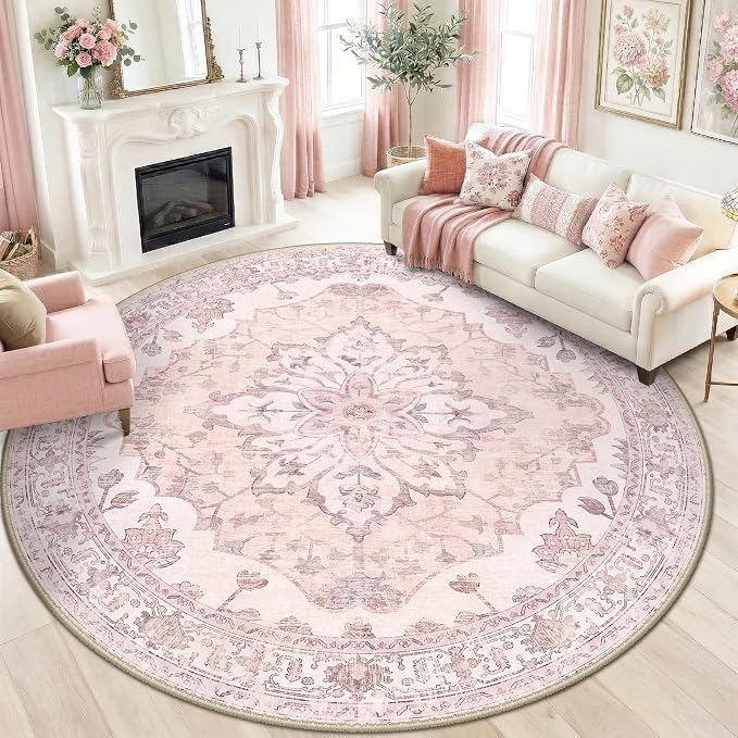 RELEANY Washable Area Rug, Round 8ft, Pink | Non-Slip, Water Repellent, Pet Friendly, Easy to Clean, Vintage Floral Boho Decor for Living Room Bedroom Dining Room