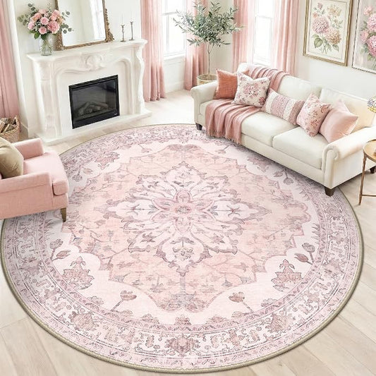 RELEANY Washable Area Rug, Round 8ft, Pink | Non-Slip, Water Repellent, Pet Friendly, Easy to Clean, Vintage Floral Boho Decor for Living Room Bedroom Dining Room