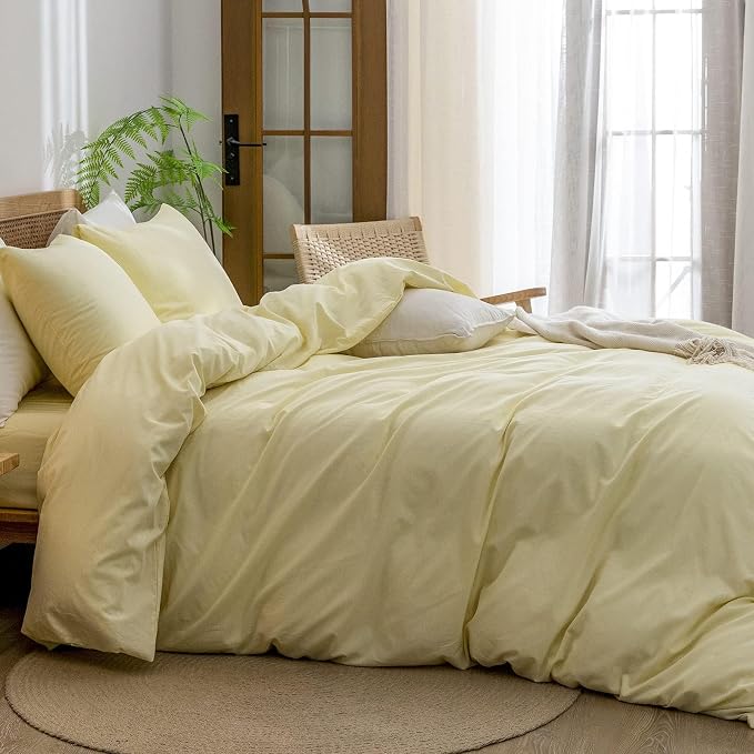 BESTOUCH Cotton Solid Duvet Cover Set Linen Feel Light Yellow Alaska King | 100% Washed Cotton, Soft Wrinkle Texture, Hidden Zipper, 8 Ties, Breathable Lightweight Durable Comfy, 3 Pcs No Insert