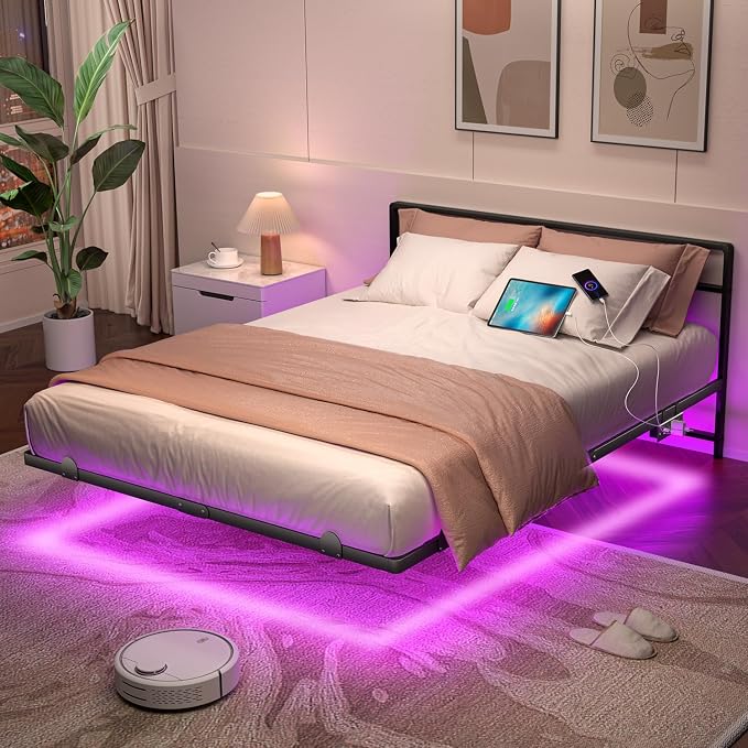 Full Floating Bed Frame with Headboard, Modern Platform Bed Frame with LED Lights and USB Charging Station, Sturdy Metal Bed Frame for Adults, No Box Spring Needed, Easy Assembly, Noise Free Design