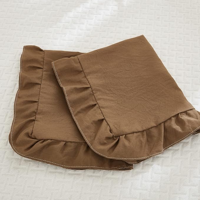Brown Pillow Shams Coffee Brown Ruffle Queen Pillowcases Cute Pillow Cover Set of 2 Shabby Chic Soft Pillowcases 2 Pack (Queen (20''x30'')
