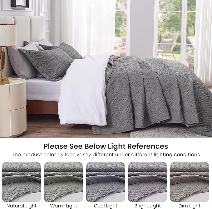 Love's cabin King Size Quilt Bedding Set Grey Bedspreads - Bed Summer Lightweight Bedspread Comforter - Wave Pattern Bedding Coverlet for All Season - 3 Pieces (1 Quilt, 2 Pillow Shams)