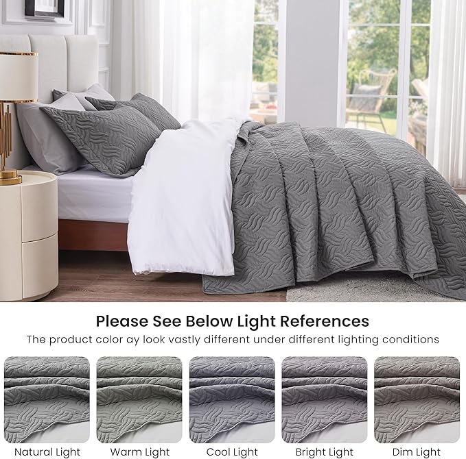 Love's cabin California King Size Quilt Bedding Set Grey Bedspread - Cal King Summer Lightweight Bedspread Comforter - Wave Pattern Coverlet for All Season - 3 Pieces (1 Quilt, 2 Pillow Shams)
