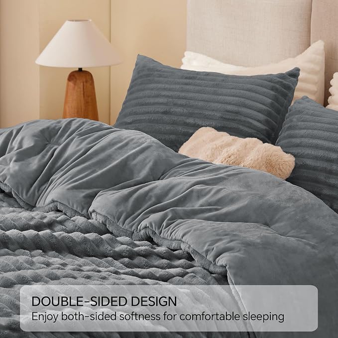 BEDELITE Fleece King Comforter Set, Fluffy Bed Set, Grey | Super Soft & Warm Bedding, Luxury Fuzzy Faux Fur Comforter for Winter, Heavy Plush Bedding, with 2 Pillowcases
