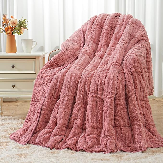 Fleece Weighted Blanket 15 lbs, Queen Size 60" x 80" Apricot Pink | Sherpa Heavy Blankets, Adults Jacquard Knitted Throw for Better Sleep and Relaxing, Comfort Fluffy Cozy Warm Chunky Soft