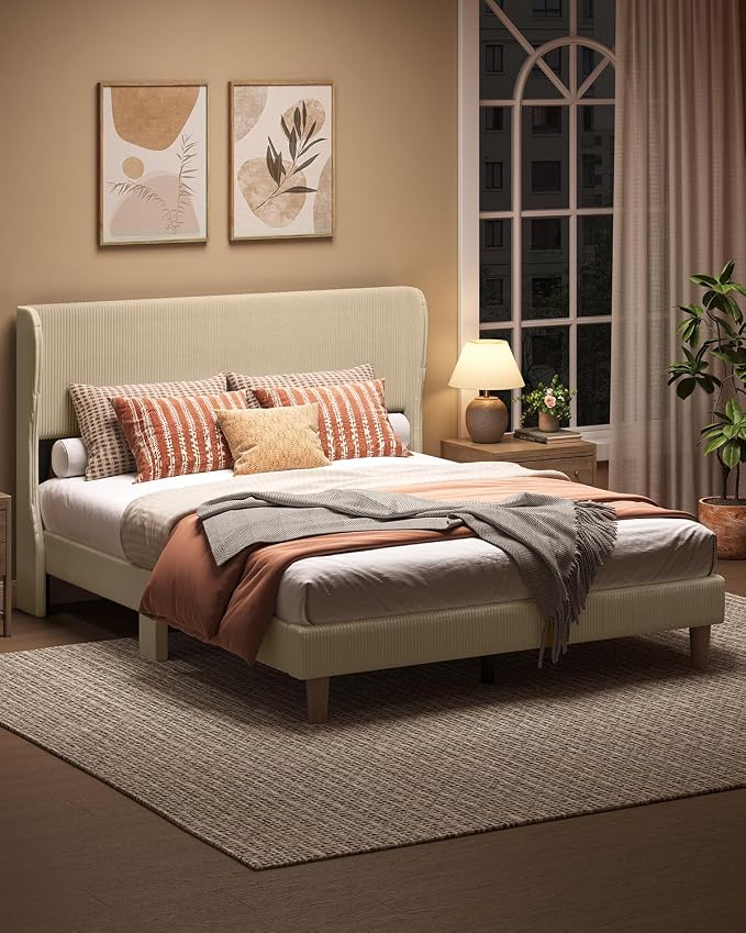 Bestier Queen Bed Frame with Wingback Headboard,Upholstered,Taque | Wingback Headboard,Easy Assembly,No Squeaks,Vertical Channel Corduroy Upholstered,Wooden Slats Support,No Box Spring Needed