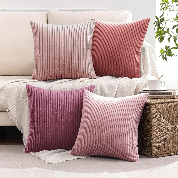 MIULEE Soft Corduroy Decorative Throw Pillow Covers Purple Pink 20x20 | Set of 4, Shabby Chic Romantic Decor, Pink Gradient Matching, Boho Farmhouse Cushion Covers for Couch Bed Sofa Living Room