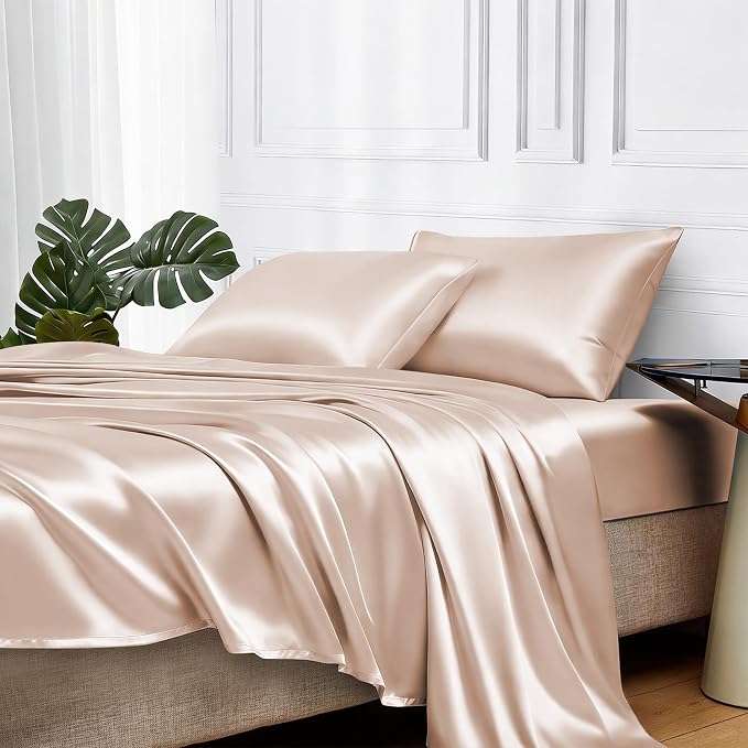 MR&HM Satin Sheets Twin Size with Elastic Corner Straps, Champagne | Similar to Silk, 3-Piece Silky Soft Bed Sheet Set, Gentle on Skin and Hair, 15" Deep Pocket, Cooling & Breathable