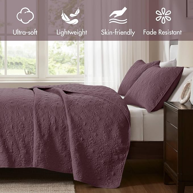 Madison Park Luxurious Cotton Damask Quilt Set, 3PC King/Cal King Bed Set | All Season, Lightweight Stitching Coverlet Bedspread Bedding Stitching with Shams, Purple