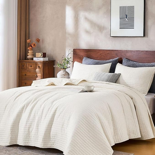 DOWN HOME Twin Quilt Bedding Set with Sham, Vintage Washed Soft Quilted Blanket Thin Comforter Lightweight Bedspread Coverlet Bed Cover, Brushed Microfiber Stripe Stitching, Linen White, 66"x92"