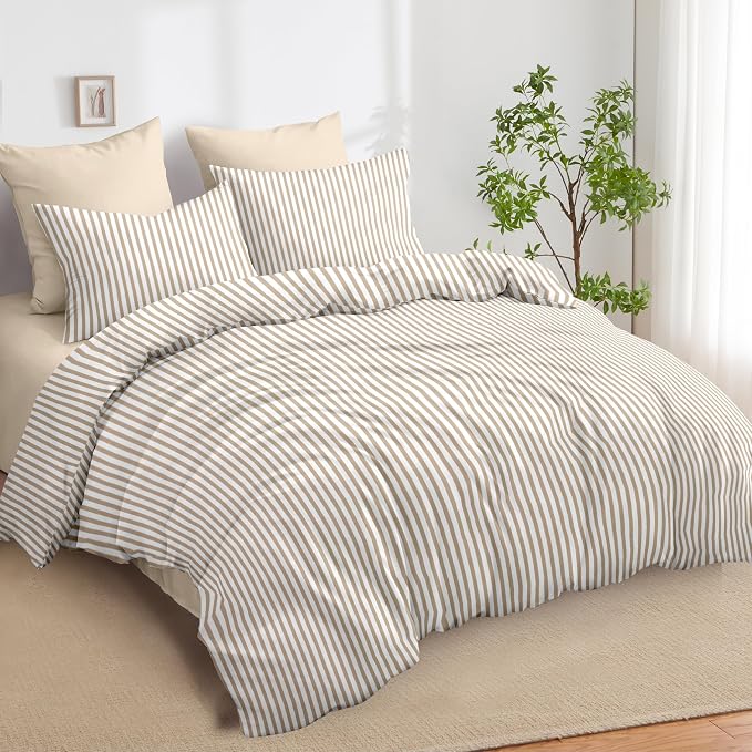 Nayoroom Brown Tan Striped Duvet Cover Set Queen | Modern Farmhouse Coastal Bedding, Soft Breathable Washed Microfiber, All-Season Comfort, Hidden Zipper, 4 Corner Ties