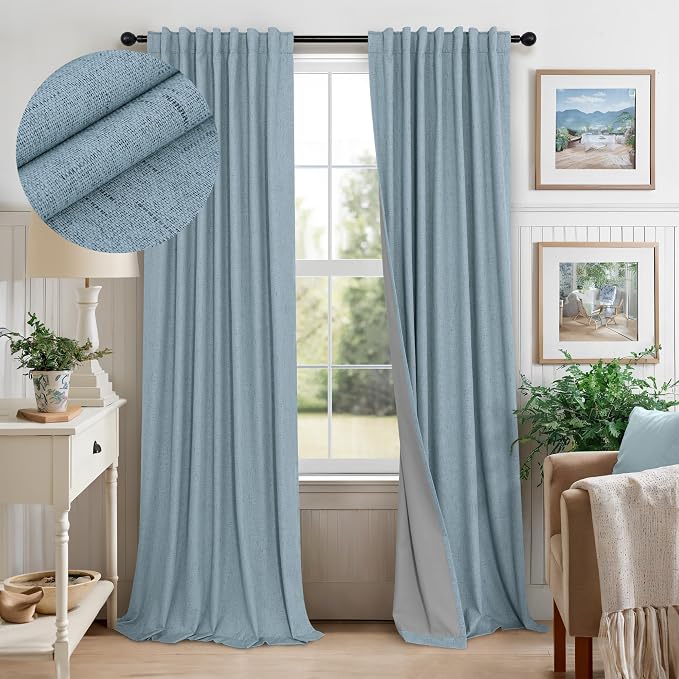 Slate Blue Curtains 108 Inches Long 2 Panel Burg 100% Blackout Boho Linen Textured Darkening Thermal Insulating Ceiling to Floor Length Drapes Dusty Blue Grey Curtain for Bedroom Living Room Divider