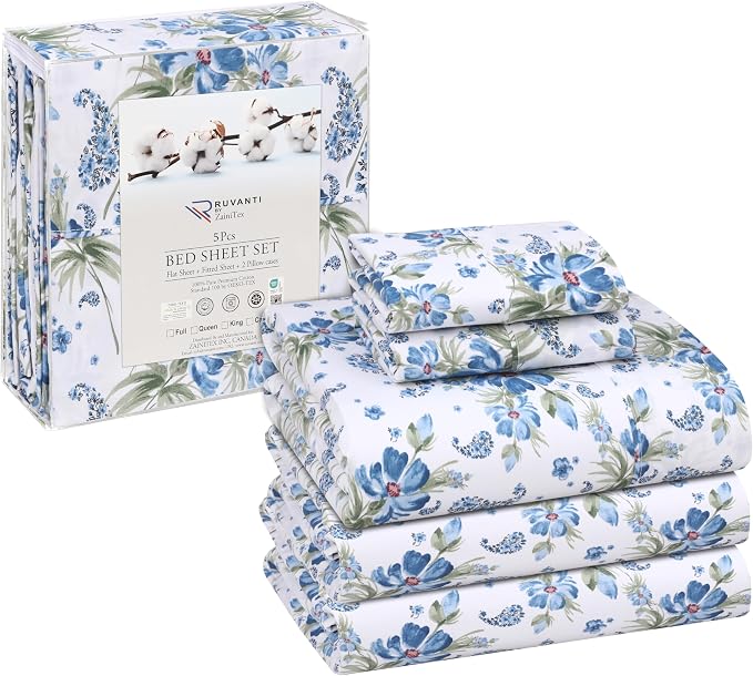 RUVANTI 100% Cotton Percale Sheets Split King Size, Paislyona | Crisp Cooling, Deep Pocket 16", Soft Breathable & Durable, Hotel-Style, 5 Piece Set