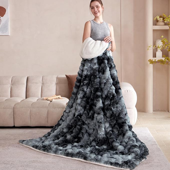 50x60 Inches Ultra-Soft Fuzzy Faux Fur Plush Throw Blanket - Thick, Warm Sherpa for Couch, Sofa, Bedroom, Camping - Decorative Blanket for Cozy Warmth, Bubble Black Tie Dye