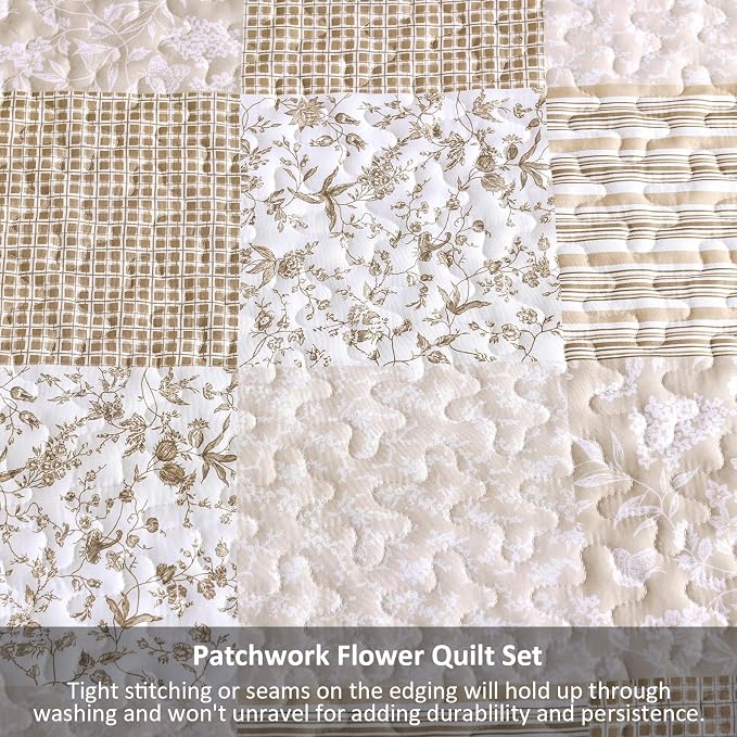 Mybedsoul Boho Quilts Queen Size, Beige Patchwork Floral Bedding Set | Soft Lightweight Microfiber Coverlet Set, 3 Pieces Plaid Reversible Bedspread, Bed Sets for All Seasons 96"x90"