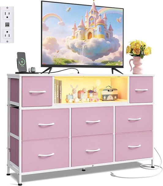 WLIVE LED Dresser TV Stand for 55 Inch TV, 8 Drawers, Pink | Fits TVs up to 55 inch, 8 fabric drawers, LED chest of drawers, Built-in power outlet, Living room or bedroom