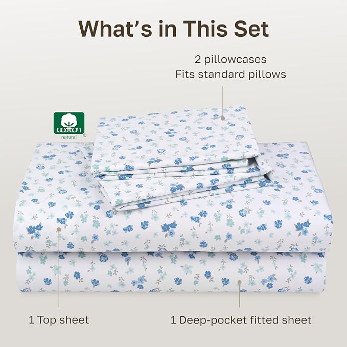 California Design Den Soft 100% Cotton Sateen Queen Bed Sheets Deep Pocket | 400 Thread Count Backed by Good Housekeeping Seal, 16" Deep Pocket, All-Around Elastic, 4 Pc Set - Floral White/Blues Print