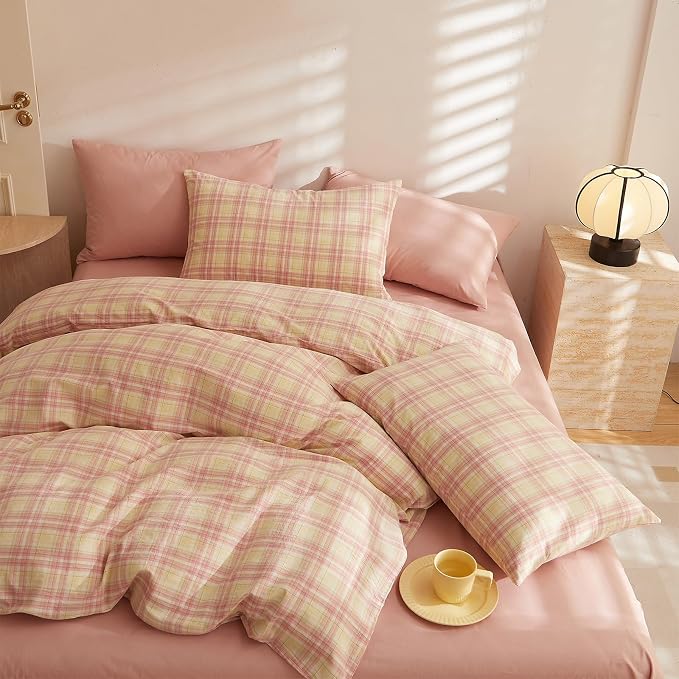 LifeTB Pink & Yellow Buffalo Plaid Comforter Set Full Size, 3 Piece Vintage Plaid Checkered Pattern Comforter with 2 Pillowcases, Grid Farmhouse Bedding Set Gingham Bedding Comforter for All Season