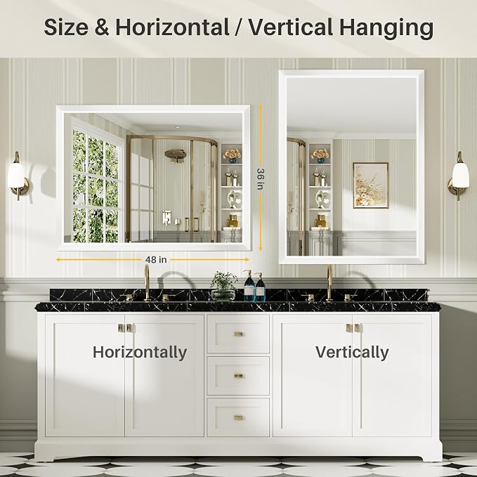 Bathroom Wall Mirror, White Metal Frame, 48x36 Inch | Anti-rust, HD tempered glass, for bathroom vanity, bedroom, living room, horizontal or vertical mount