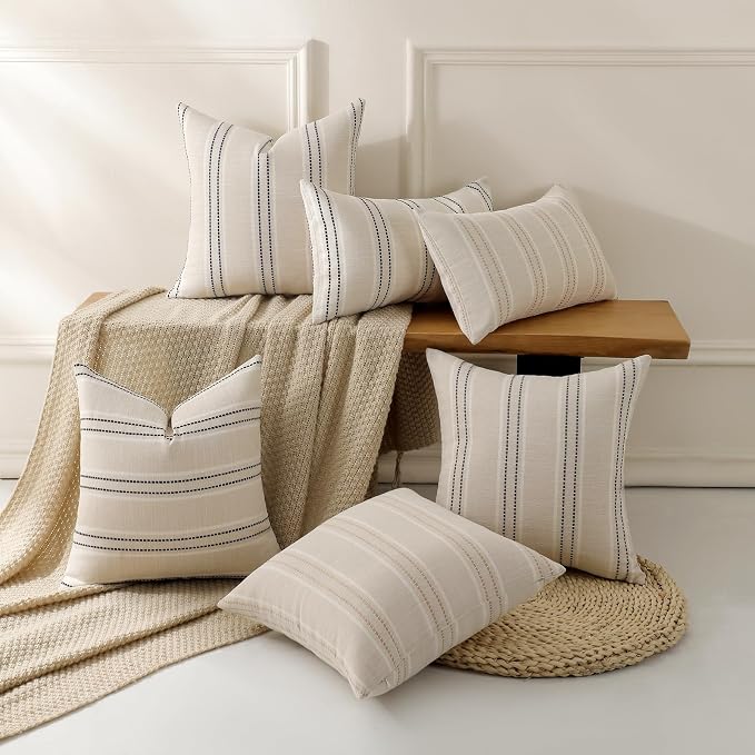 Hckot Linen Throw Pillow Covers 16x16 Set of 2 Khaki Striped Pillow Covers | Textured Linen Decorative Pillows Square Cushion Covers for Sofa Couch Bed Living Room Farmhouse Decor
