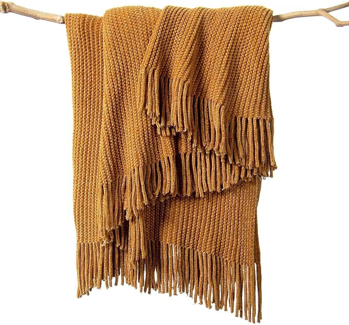 lifein Throw Blanket for Couch, Soft Boho Decor Bed Throw,Cozy Brown Knitted Chenille Small Knit Farmhouse Lightweight Throw (Golden Brown,50 * 60")